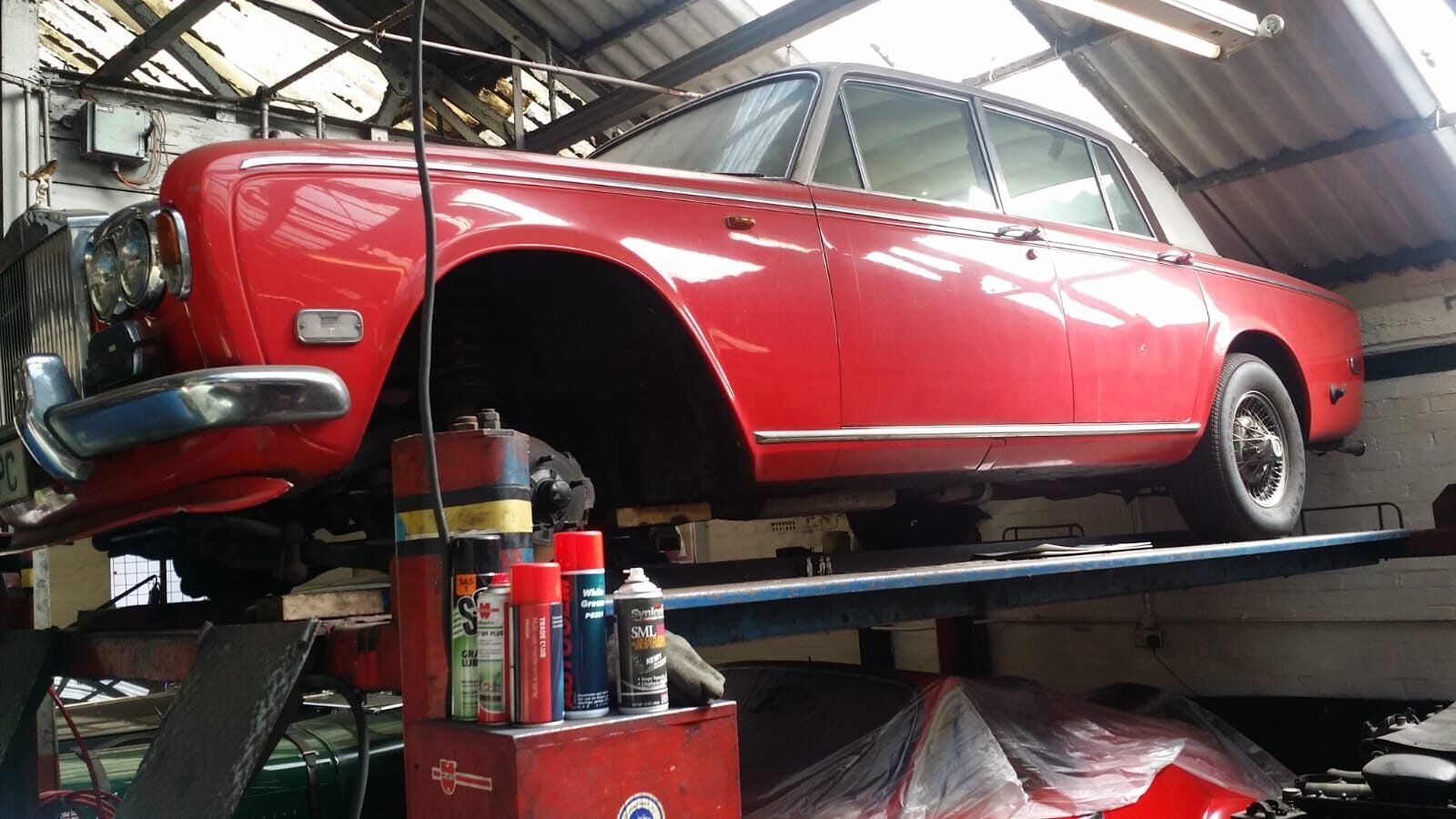 A classic Rolls-Royce up on the ramp in our workshop